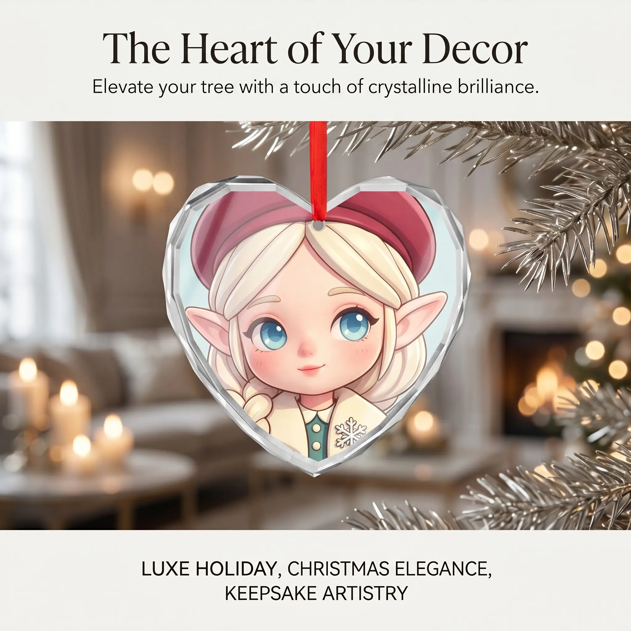 LuminaArt Heart Christmas Ornament, Cute Anime Elf Girl Beveled Glass Decor, Holiday Xmas Tree Hanging Pendant, Transparent Crystalline Finish, 3.1x2.9 Inch Shape, Festive Red Ribbon, Winter Keepsake Gift