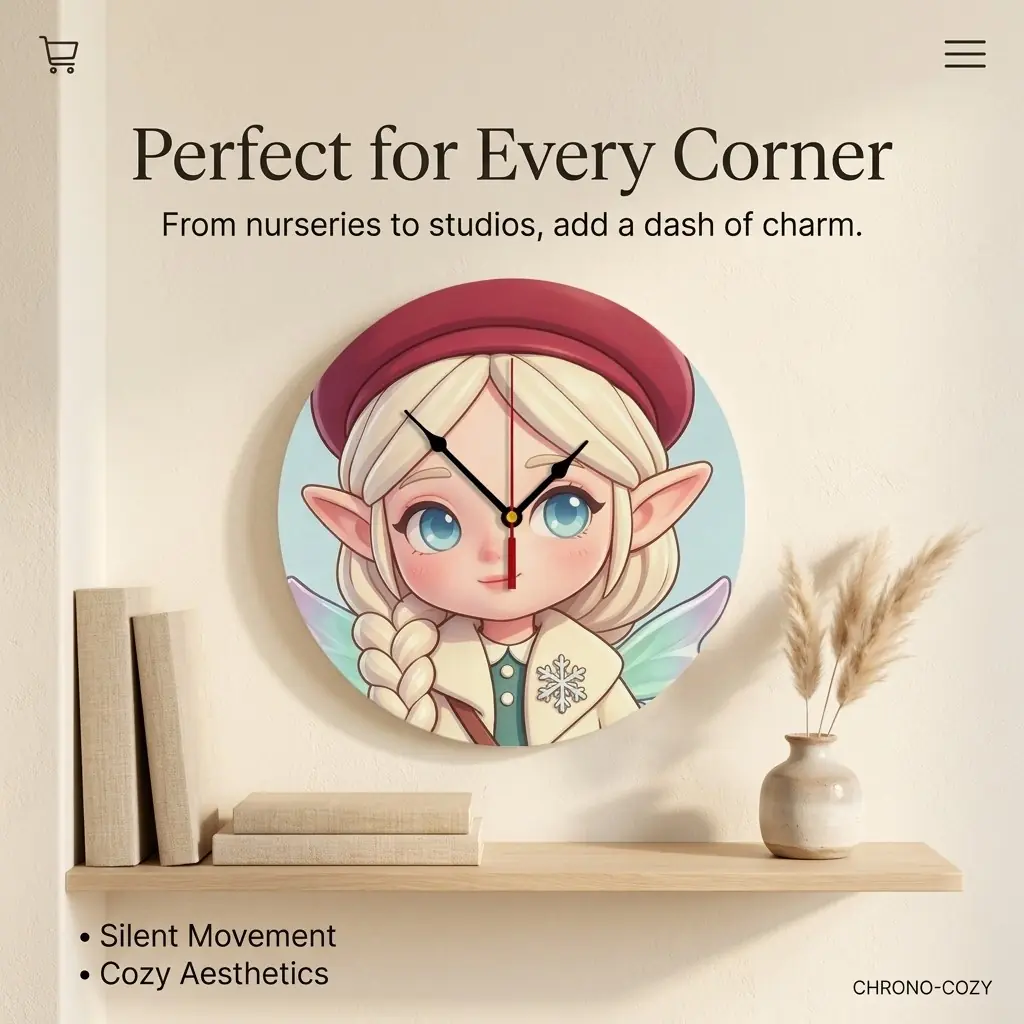 ArtDecor Cute Anime Girl Wall Clock, 12 Inch Silent Non-Ticking Fairy Elf Illustration, Decorative PVC Round Clock for Kids Room, Bedroom, Nursery Decor, Modern Art Home Wall Gift, 30.5cm, White