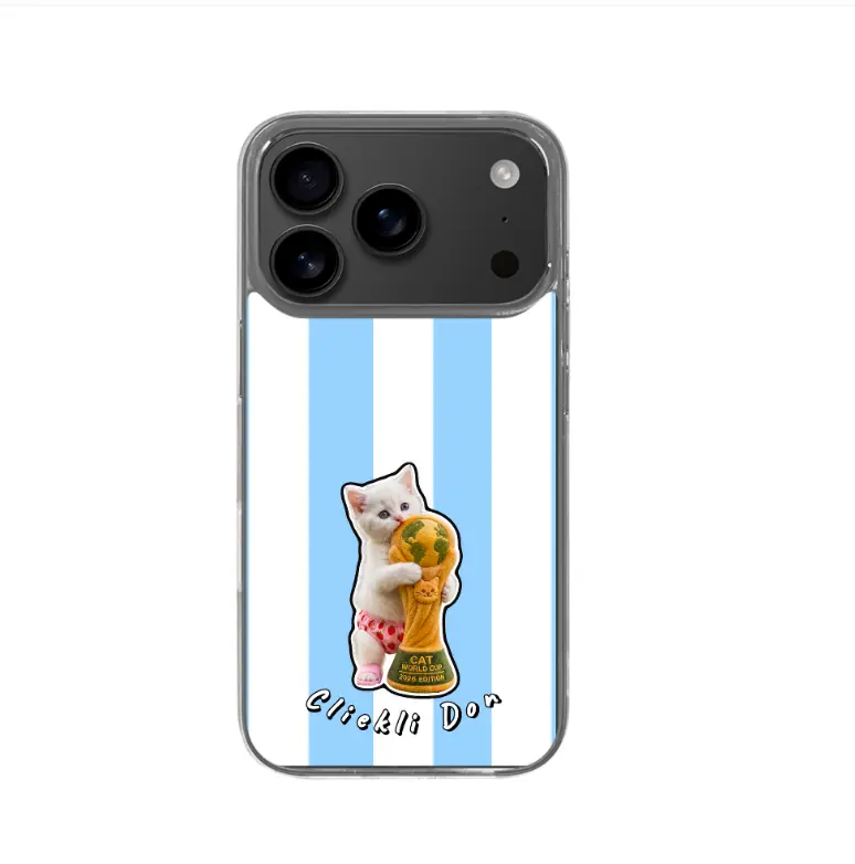 Clickli Don iPhone 17 Pro Case, Transparent TPU Shockproof Cover, Soccer Cat World Cup Trophy, Light Blue Stripes, Anti-Yellowing Slim Bumper, Sensitive Buttons, Scratch Impact Protection