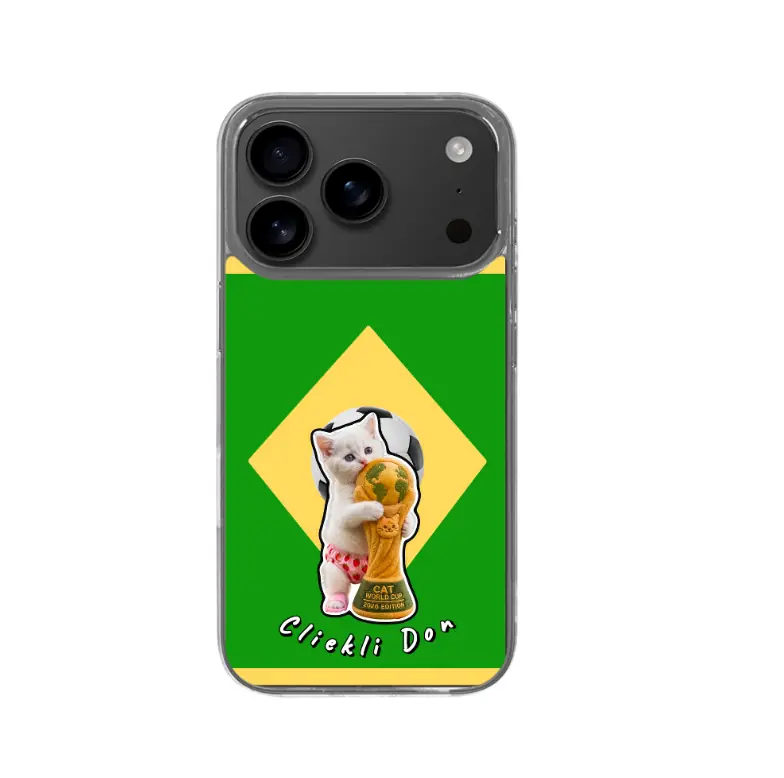 Cliekli Don Clear Phone Case, Brazil Flag Soccer Cat Design, Slim TPU Compatible with iPhone 17 Pro, Shockproof Drop Protection, Anti-Yellowing Crystal Clear Finish, Precise Cutouts, Flexible Skin
