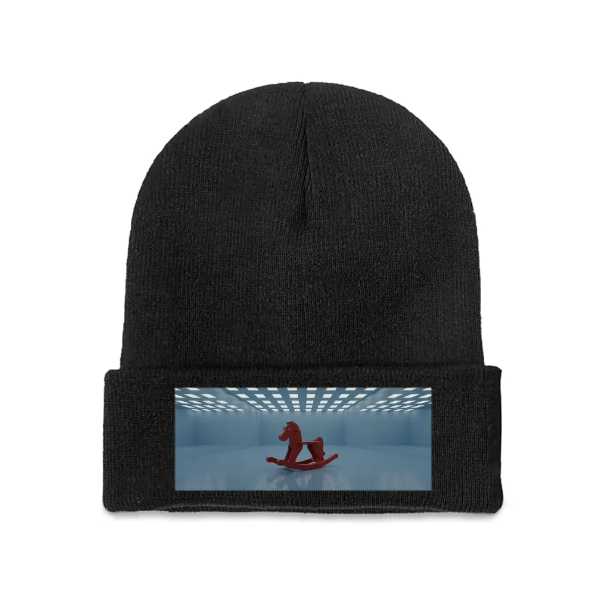 Artport Graphic Print Knit Beanie Hat, Rocking Horse Illustration Artwork Black Polyester Winter Warm Hat, Unisex Autumn Winter Fashion Daily Short Beanie, Meticulous double stitching and high-elasticity knitting structure, Slim-fit design that makes the face look smaller, Lightweight and warm thick-touch yarn knitting, Casual watch cap for Christmas and anniversary gifts for friends, lovers, and family