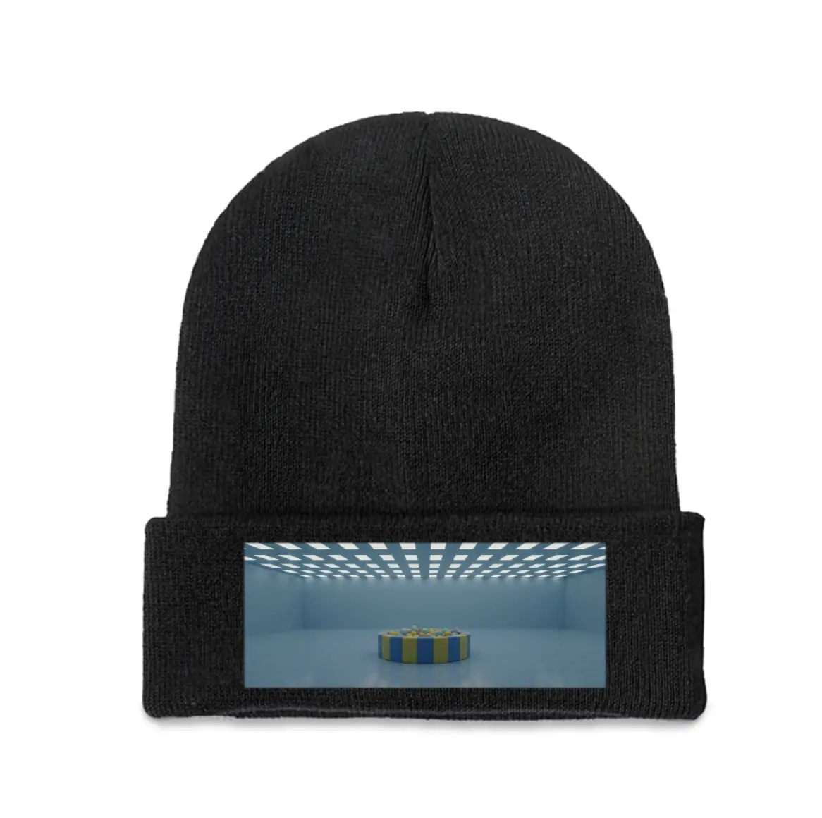 Urban Classic graphic print knit beanie, unisex winter thermal hat, warm polyester material highly elastic ribbed short beanie, stylish slim fit that makes the face look smaller, thick and tightly woven soft-touch winter hat, winter outdoor leisure and casual daily styling item, unisex one-size fashion headwear available in black, red, and gray colors.