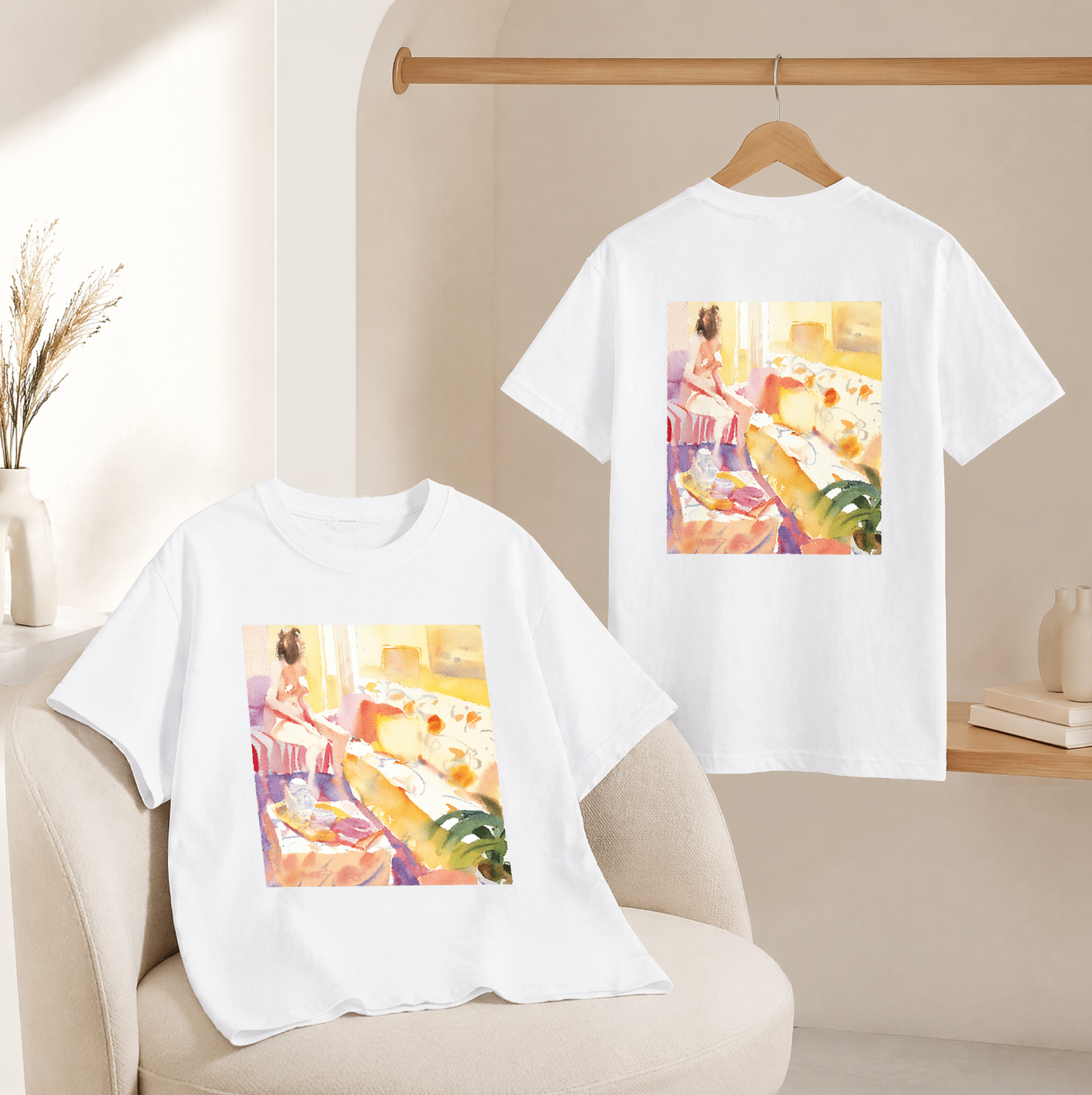 Watercolor, original tone series, double-sided printed cotton short-sleeve T-shirt