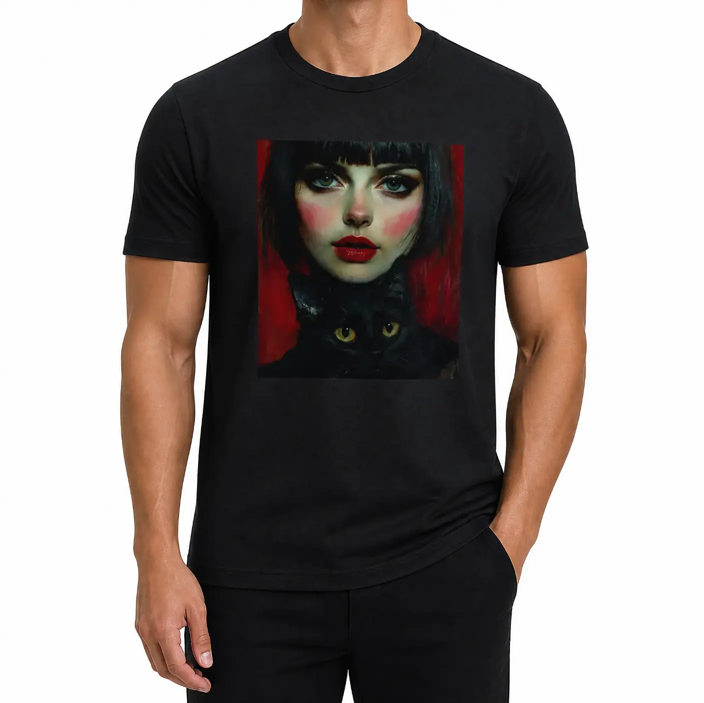 ARTISTIQ Men's Cotton T-Shirt, Short Sleeve Graphic Tee, Woman and Black Cat Aesthetic Art, Casual Streetwear, Premium 202g Heavyweight Fabric, Breathable Moisture-Wicking, Multi-Color S-3XL