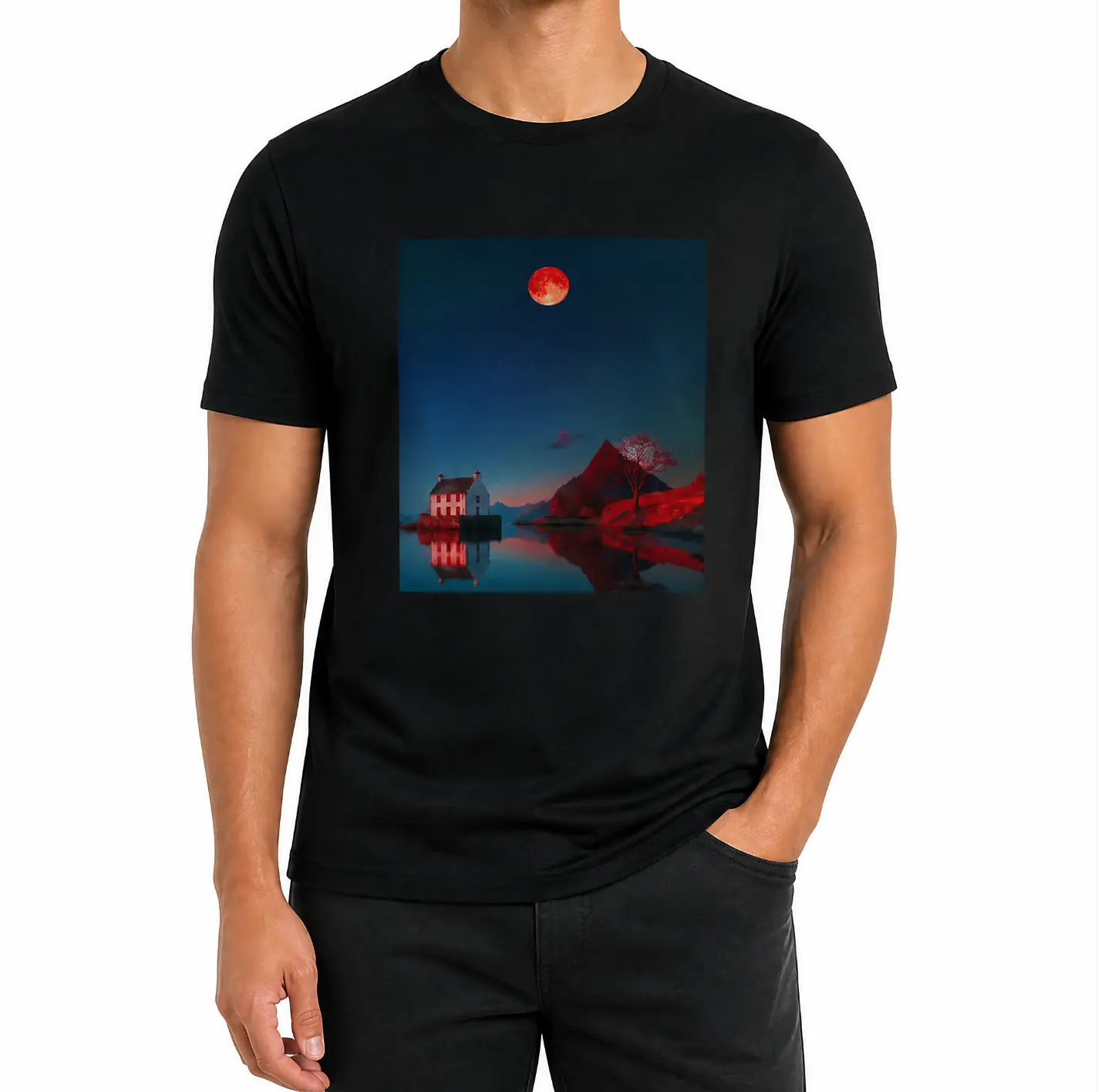 ASTRE Men's Graphic T-Shirt, 100% Cotton Short Sleeve Tee, Red Moon Print, Casual Crewneck Streetwear Tops for Men, Durable Double-Stitched Hem, Breathable Moisture Wicking Comfort, Sizes S-3XL