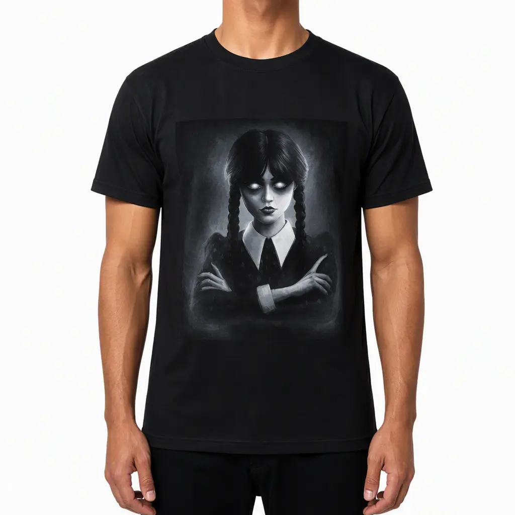 Graphic Cotton T-Shirt, Drawlloween Day 4 - Wednesday Addams. Durable Heat Transfer Printing