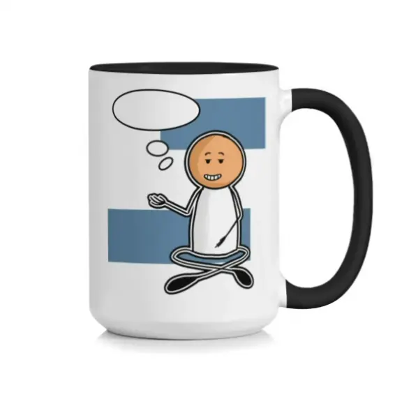 AuraPrint 15 oz Ceramic Coffee Mug, Funny Stick Figure Cartoon with Black Handle, Cute Meditating Stickman Cup for Tea Hot Cocoa Office Home, Durable Thick-Walled Ceramic, Easy-Grip Handle