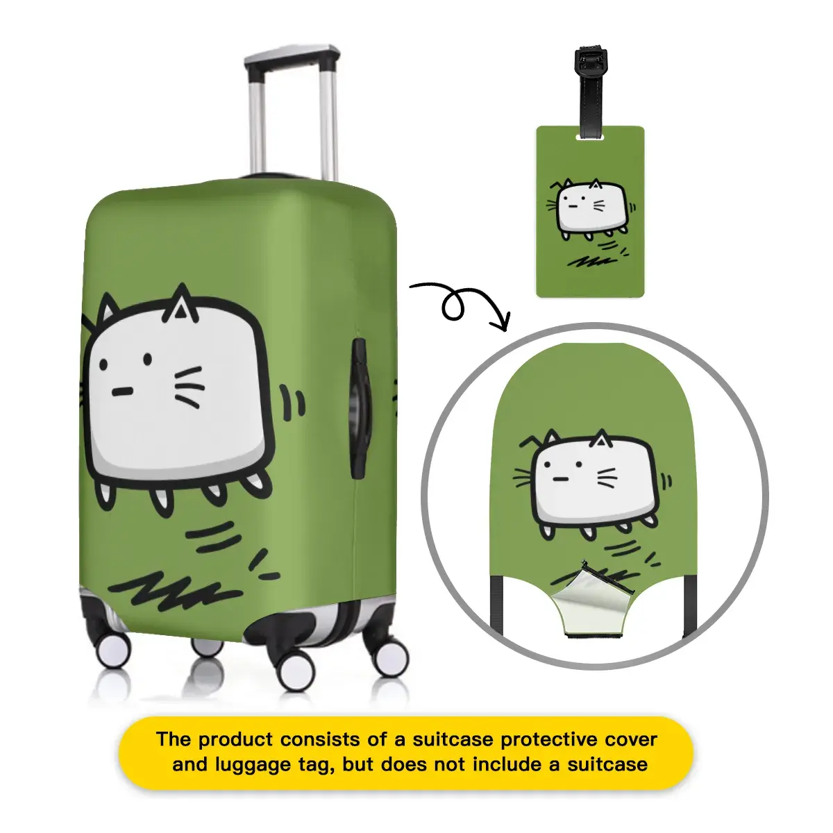 Joyviva Elastic Luggage Cover, Cute Cartoon Cat Suitcase Protector, Fits 18-32 Inch Baggage, Anti-Scratch Washable Travel Case Sleeve, Double Stitched with Zipper, Includes Matching Luggage Tag
