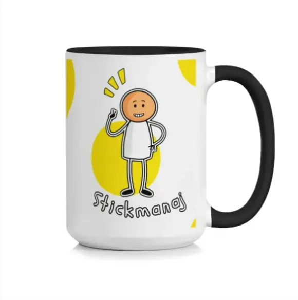 Stickmanaj Ceramic Mug 15 oz, Coffee Cup with Black Handle, Funny Cartoon Stickman Design, Cute Large Tea Mug for Home and Office, Ergonomic Grip, Thick Base, Unique Novelty Birthday Gift