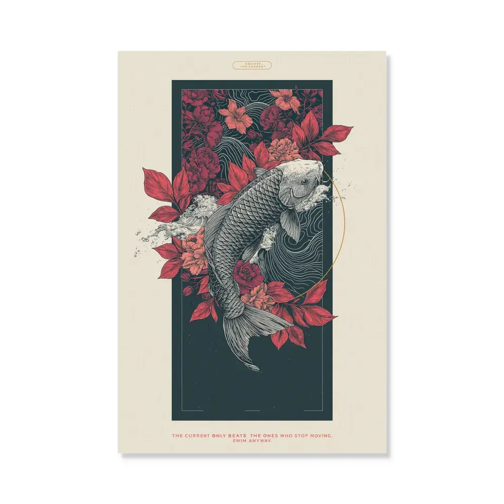 ZenDecor Koi Fish Canvas Wall Art, Japanese Floral Ukiyo-e Poster for Living Room, Bedroom Office Decor, High-Definition Premium Texture Art Print, Against The Current Quote, Housewarming Gift Idea