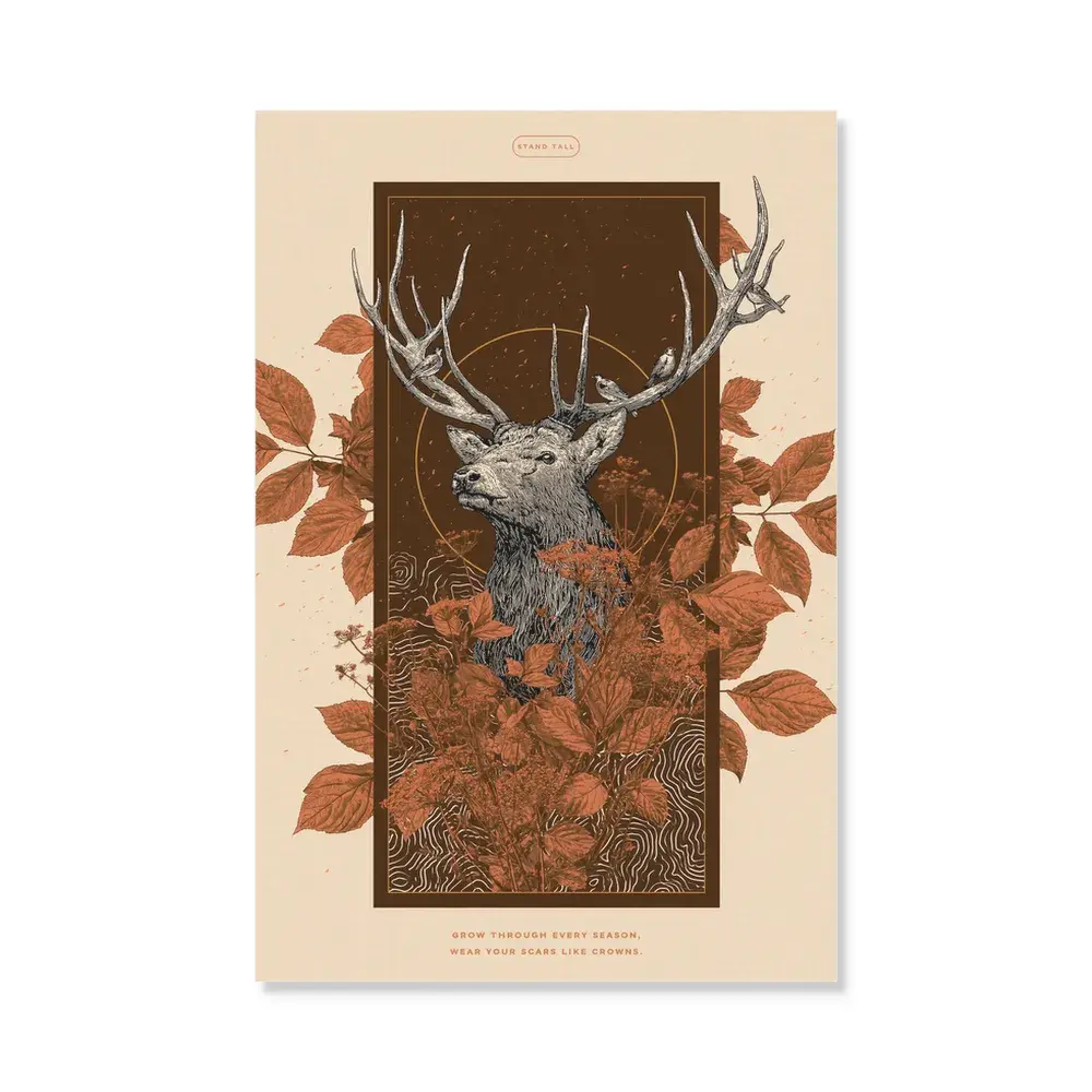 KreativeSolis Deer Canvas Wall Art, Vintage Forest Stag Antler Poster Print, Inspirational Quote Stand Tall Botanical Leaf Design, Unframed Wildlife Painting for Living Room Bedroom Decor