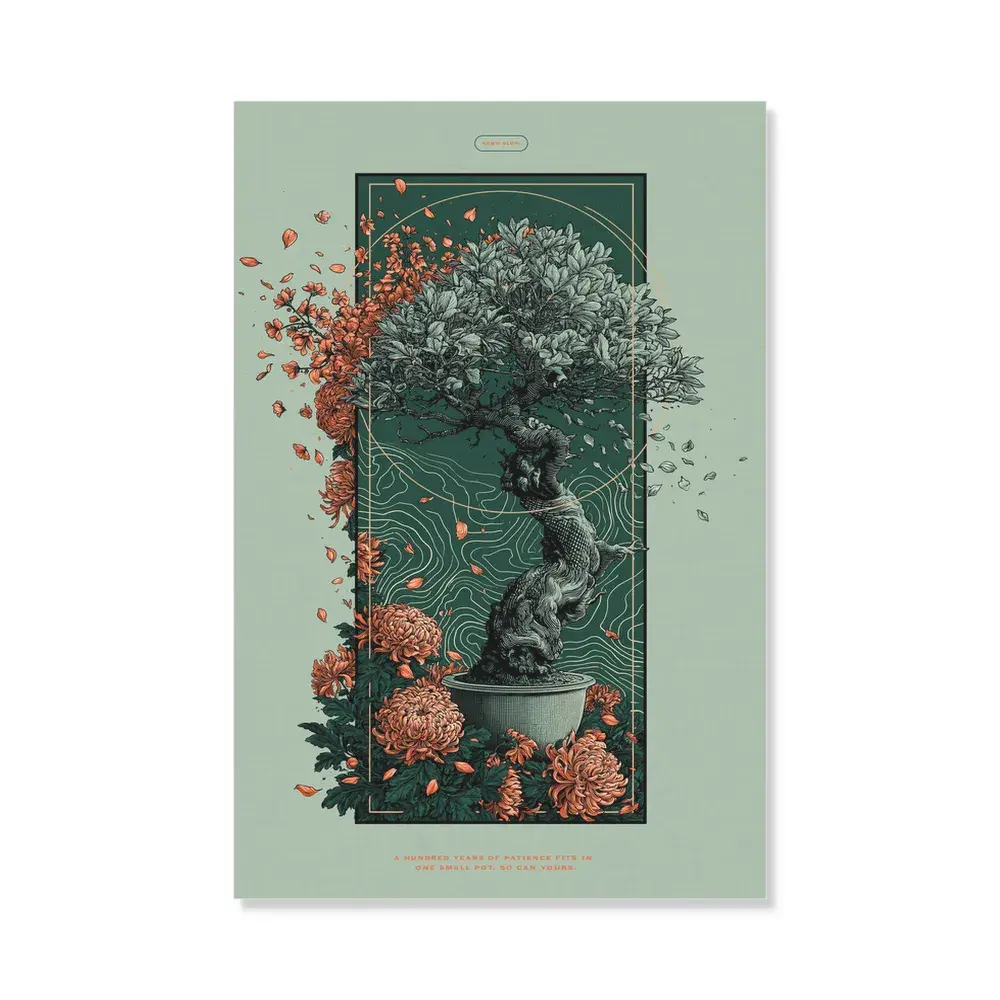 ZenVibe Bonsai Tree Canvas Wall Art, Japanese Zen Garden Poster with Chrysanthemum Flowers, Sage Green Aesthetic Decor for Living Room and Bedroom, Premium HD Printed Textured Artwork, Gift Idea