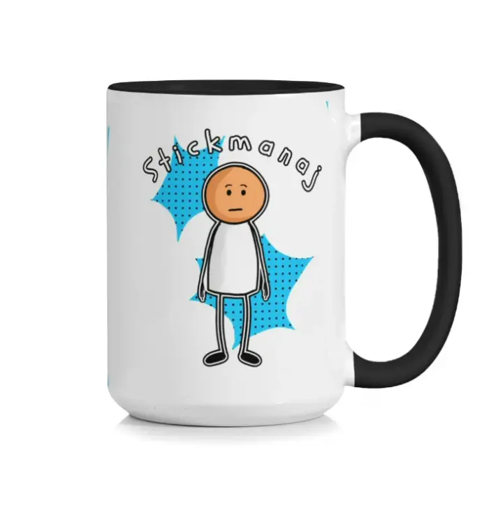 KupStyle Ceramic Coffee Mug, 15 oz Large Tea Cup with Black Handle and Inner, Funny Stickman Cartoon Graphic Print for Office and Home, Durable Hand-Wash Only Stoneware, Comfort Grip Handle