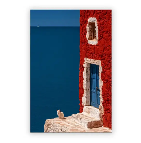 VividDecor Mediterranean Canvas Wall Art, Red House and White Cat Seascape Print, Large 24x36 Inch Framed Landscape Picture for Living Room Wall, Solid Wood Frame with Hooks Ready to Hang
