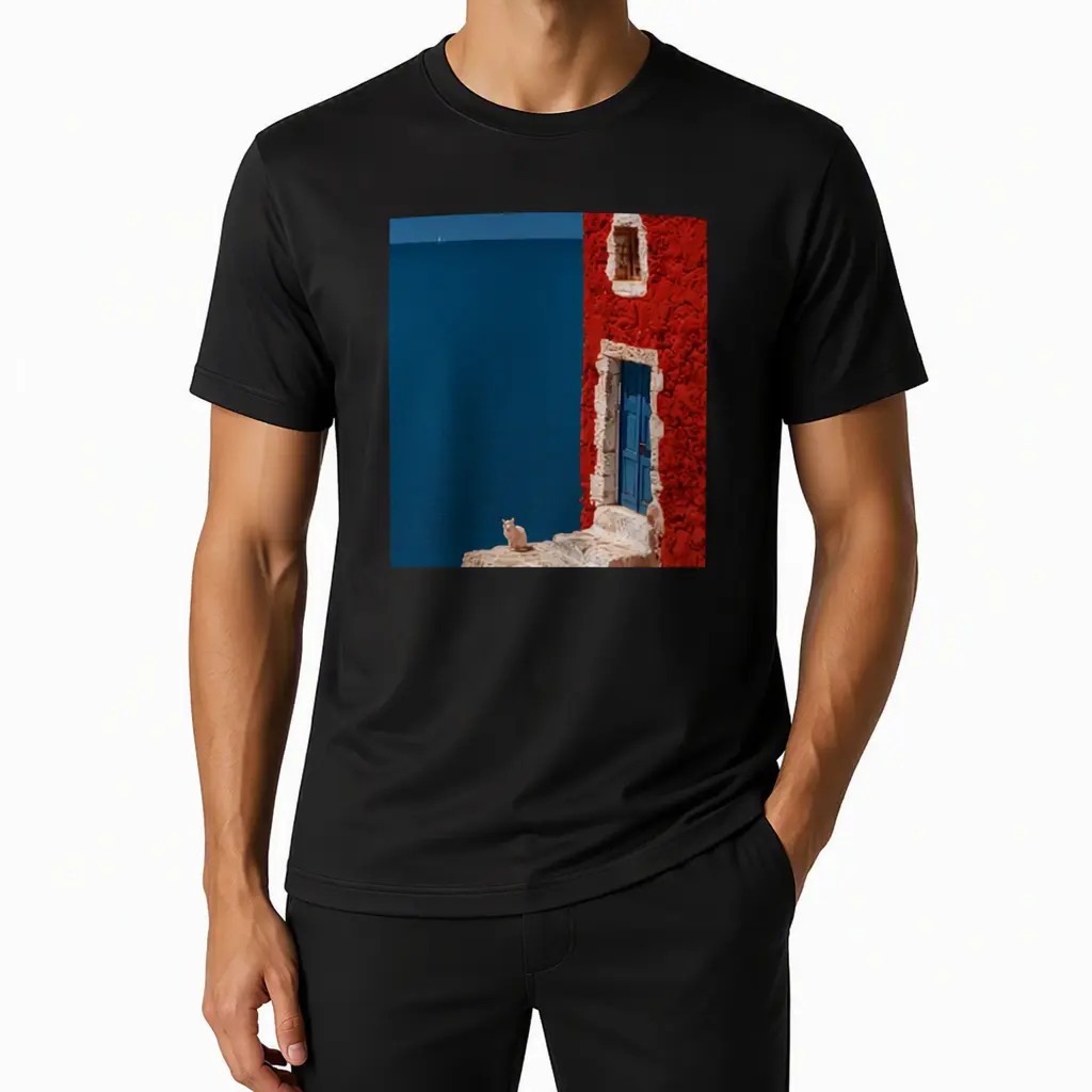 Graphic Cotton T-Shirt, 202g Heavyweight Cotton Crewneck Tee, Mediterranean Coastal Scene Casual Top, Double Stitch Quality, Breathable Moisture Wicking, S-3XL Comfort Fit
