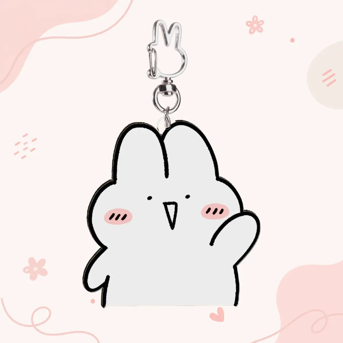 A white rabbit raising its hand with a cheerful "Hi!" acrylic keychain