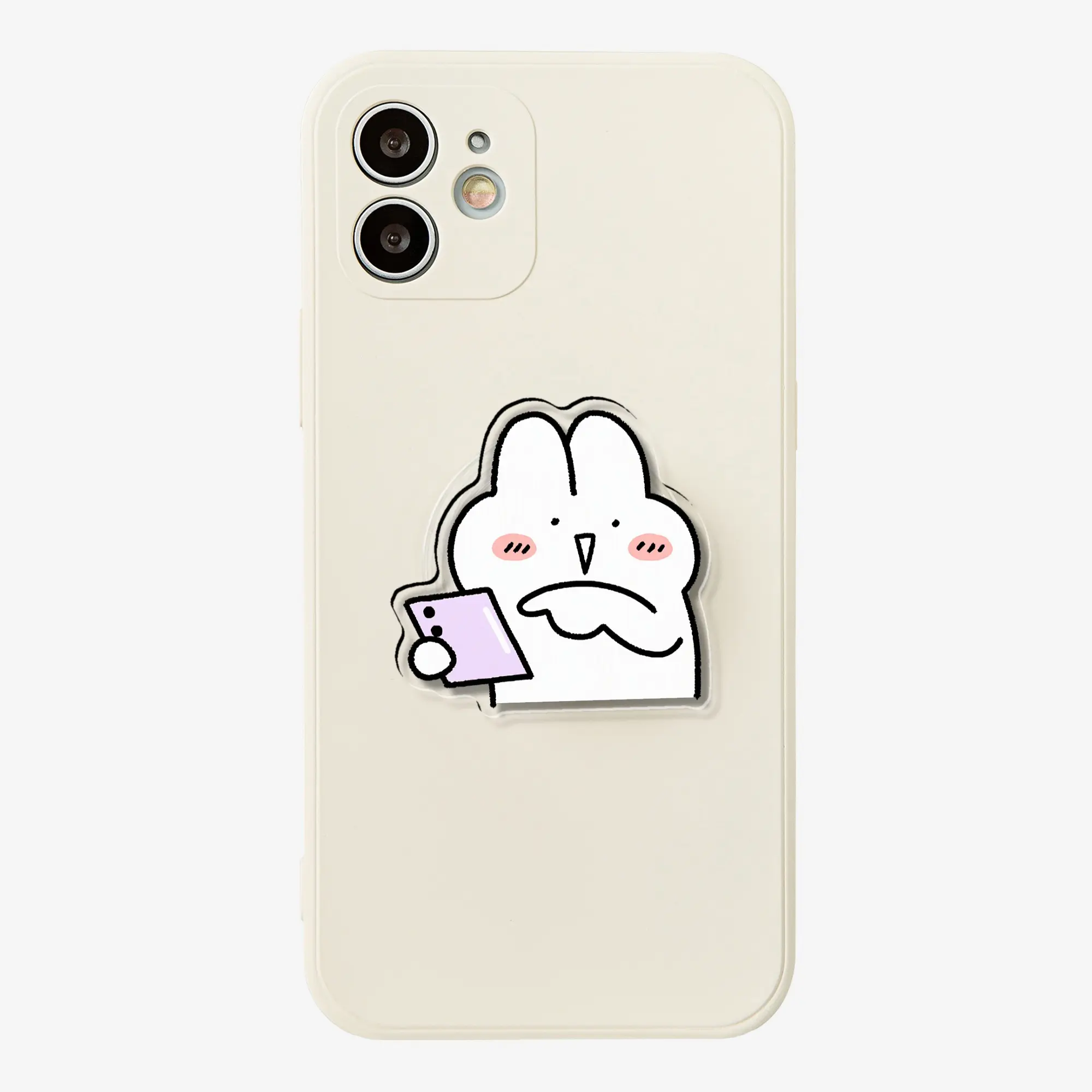 White rabbit with a smartphone in one hand, making a witty remark, acrylic air bag phone grip