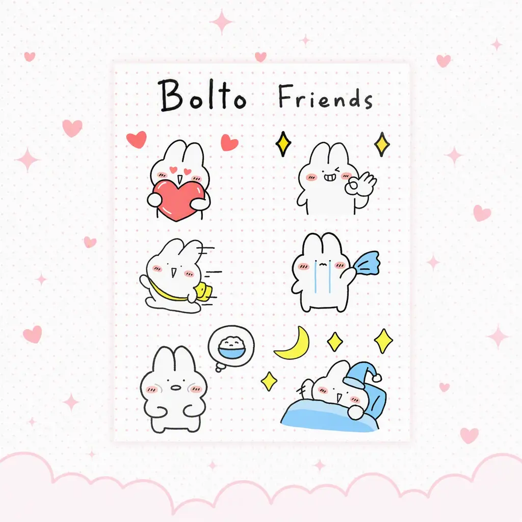 Bolto: Full of healing vibes! A cute white rabbit with rich expressions, semi-die-cut art paper stickers.
