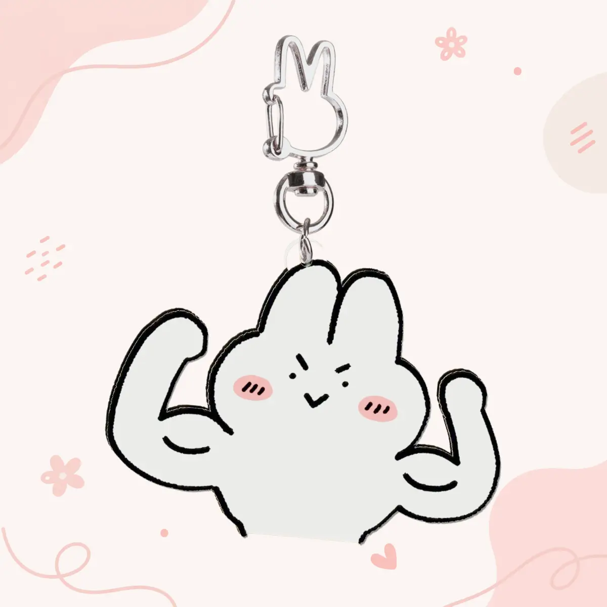 Energetic rabbit striking a muscle-flexing pose acrylic keychain