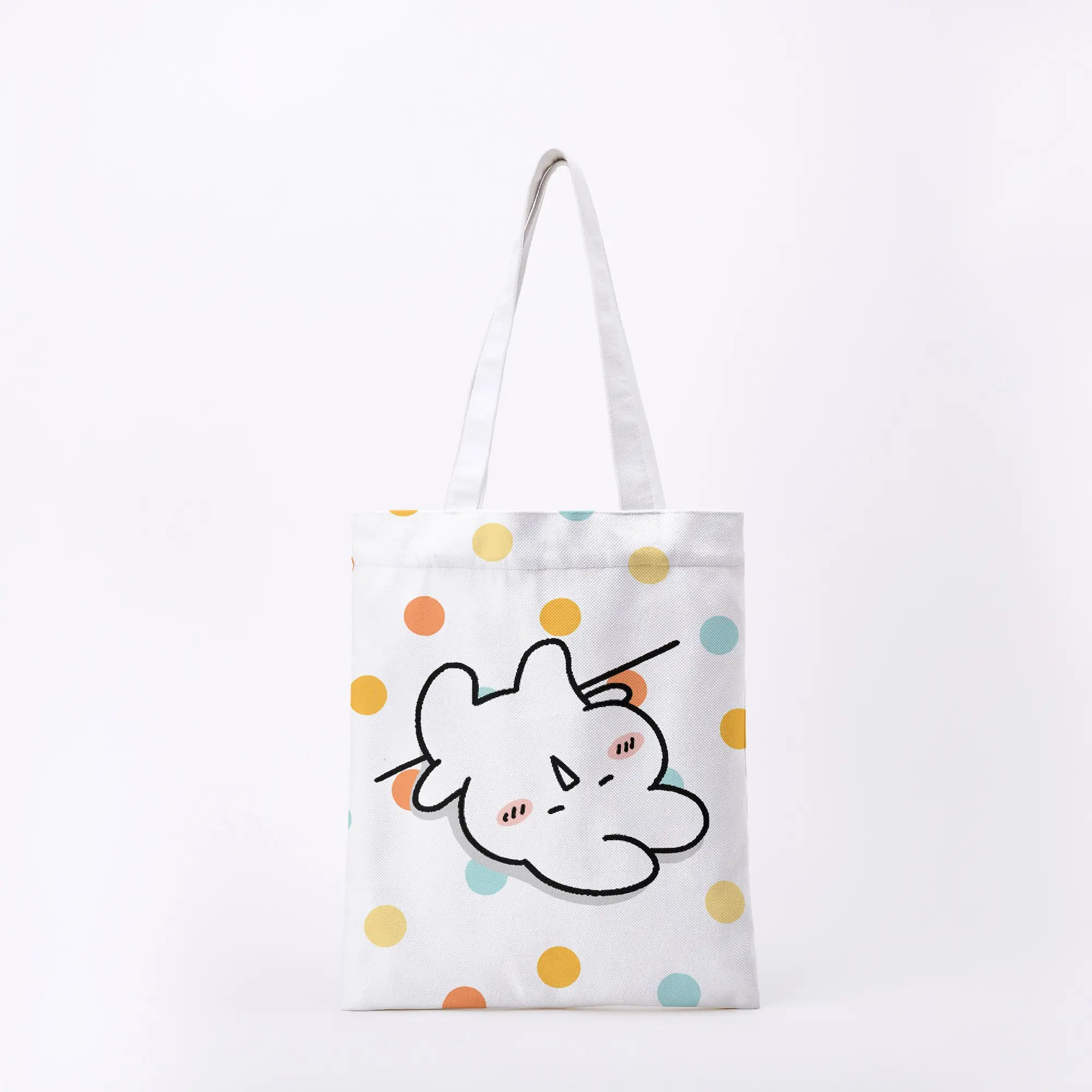 Bolto white rabbit hanging on a colorful dot background twill brushed canvas tote bag