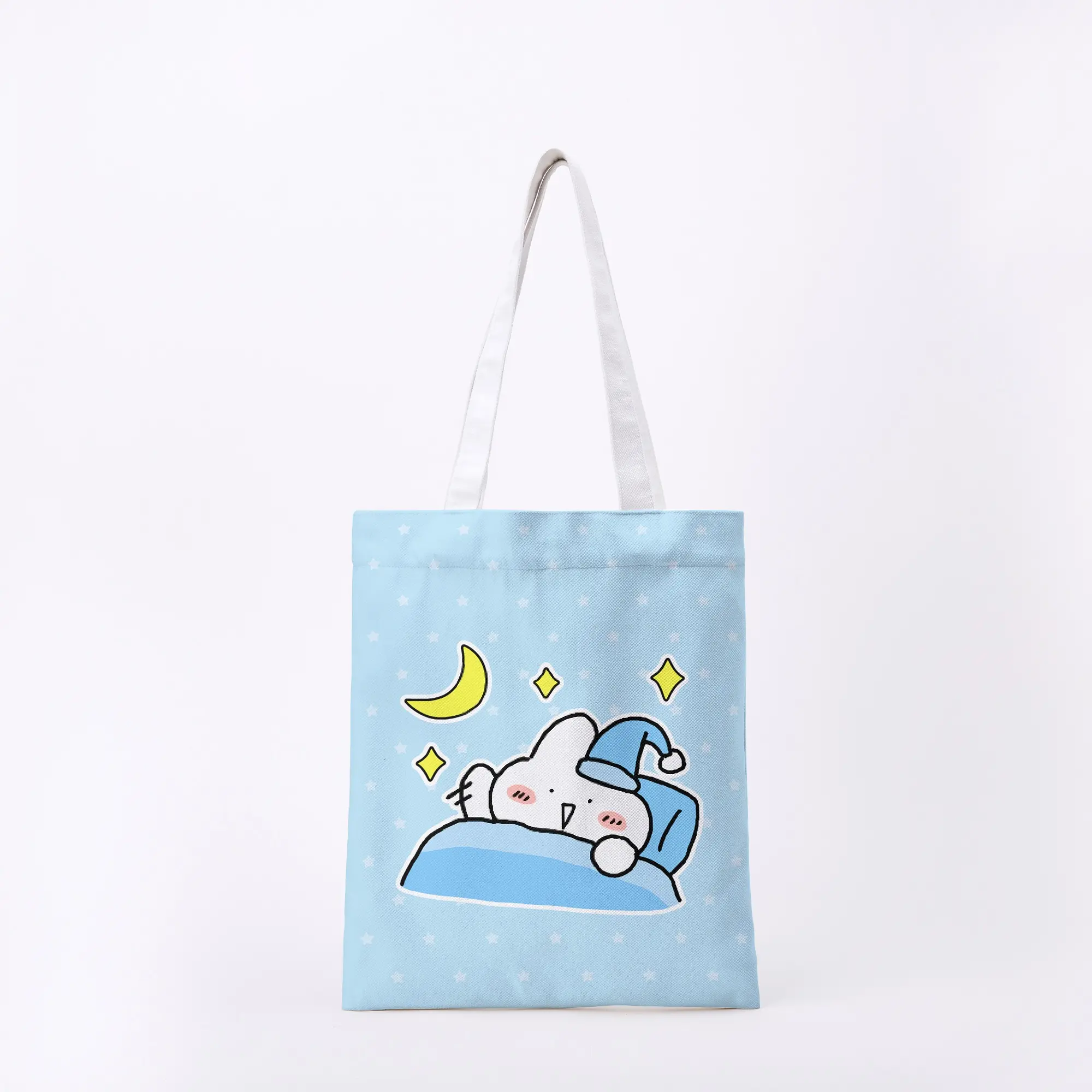Bolto: Cute white rabbit sleeping soundly under the starry sky, twill brushed canvas tote bag