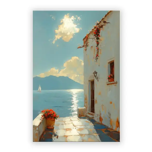 VividHome Mediterranean Canvas Wall Art, Framed Coastal Seaside Painting, Oxford Fabric Print for Living Room Bedroom Office Decor, Stretched on Solid Wood Frame, Ready to Hang, 24x36 Inch