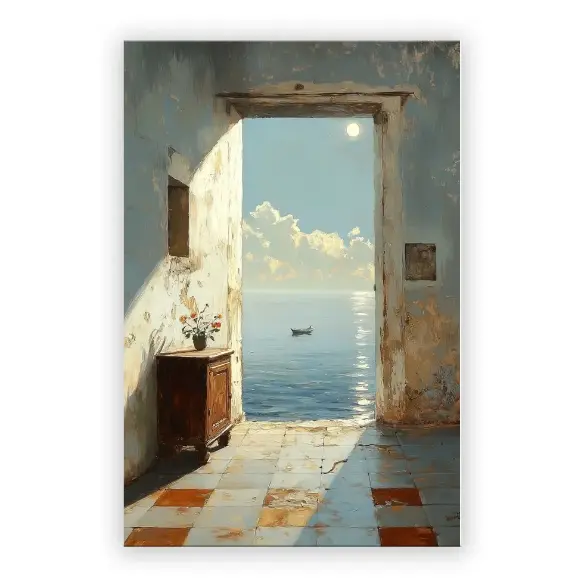 AuraDecor Framed Canvas Wall Art, Mediterranean Ocean View Open Door Painting, 24x36 Inch Oxford Fabric Print on Wood Frame for Living Room Bedroom, HD Seaside Poster, Ready to Hang with Hooks