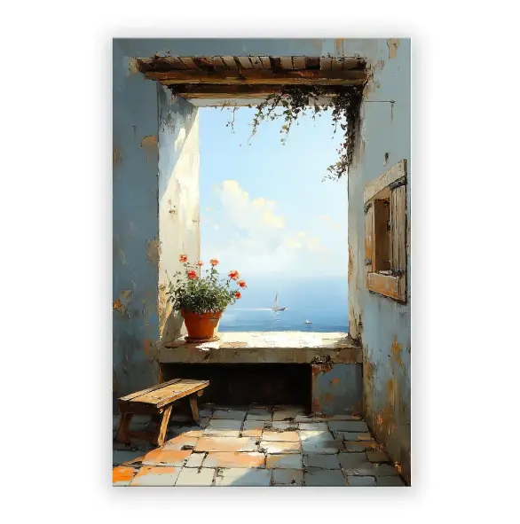 AuraVibe Mediterranean Window Sea View Canvas Wall Art, Framed Oxford Canvas Print, 24x36 Inch Large Ocean Landscape Painting, for Living Room Bedroom Office Home Decor, Ready to Hang Wooden Frame