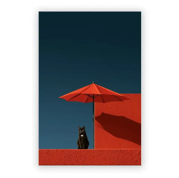 VividHome Black Cat Red Umbrella Canvas Wall Art, Framed Oxford Fabric Canvas Print, Minimalist Animal Painting for Living Room Bedroom Office, Solid Wood Frame Ready to Hang, HD Print, 24x36 Inch
