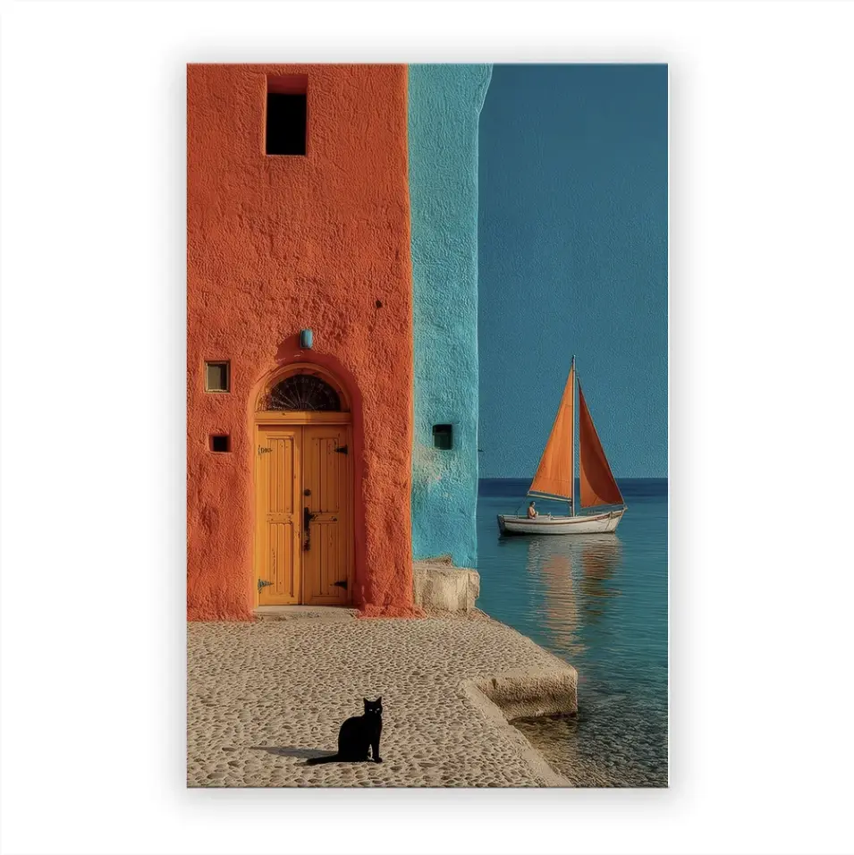VividDecor Framed Canvas Wall Art, Mediterranean Coastal Scene with Black Cat, Large 60x90cm Oxford Fabric Poster for Living Room, Wood Frame with Hanging Hooks, HD Print Housewarming Gift