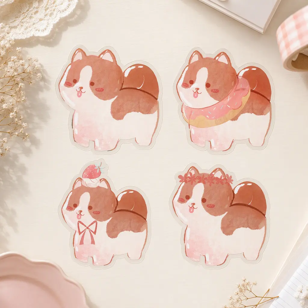 Brooke Adams Art, Pompom Dog, 12 Pcs Die-Cut Custom Shape PET Stickers(6cm)