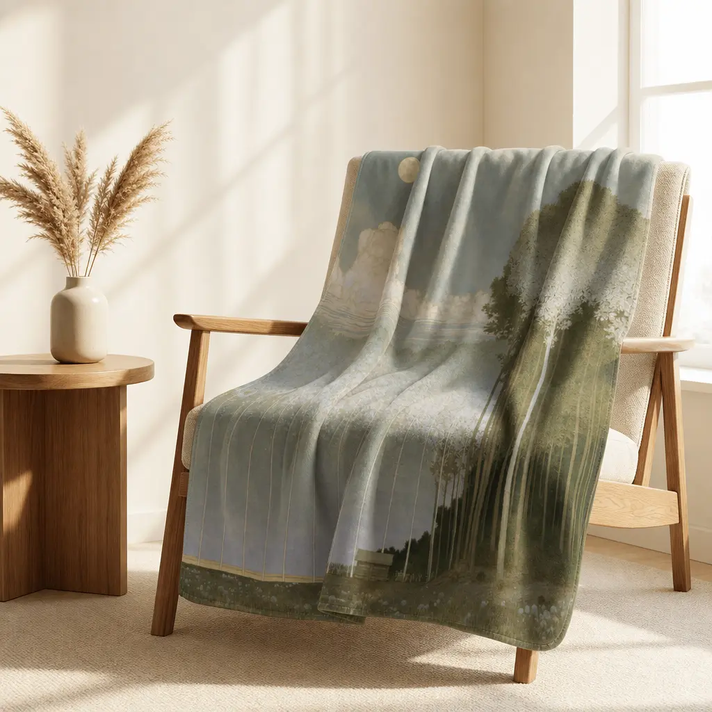 plated-leaves Flannel Throw Blanket, Artistic Forest Landscape and Moon Painting Print, Cozy Fleece Bed Blanket for Couch Sofa, Hypoallergenic and Non-Shedding Microfiber, Warm Lightweight Gift