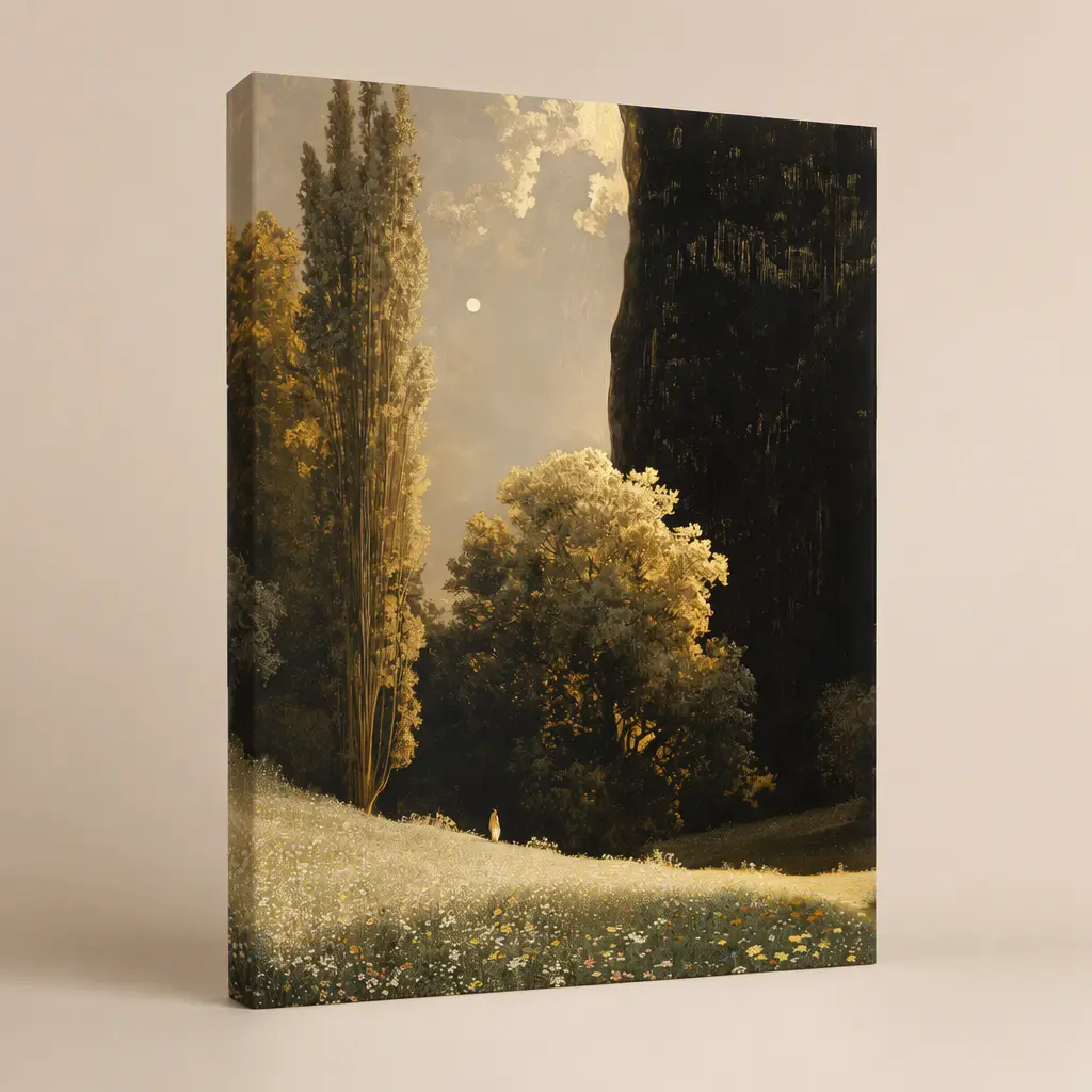 hidden-source Canvas Wall Art, Vintage Landscape Oil Painting Meadow Print, Aesthetic Home Decor for Living Room and Bedroom, Stretched Wood Frame Ready to Hang, Hanging Hooks Included