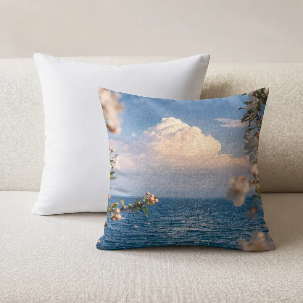 Polyester Throw Pillow ,Sea Beyond Spring Light,12×12 Inch Double-sided Print (Same Design on Both Sides)