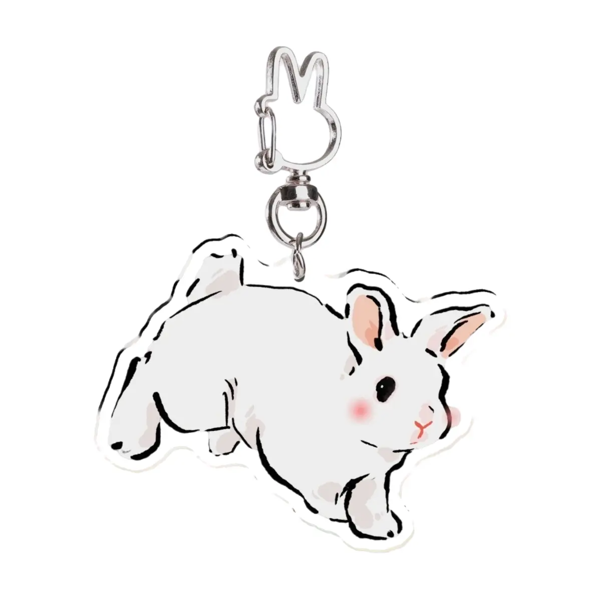 Bouncing white rabbit keychain, Rabbit 2, transparent acrylic bunny ear charm, size 2.76 inches / 7 cm