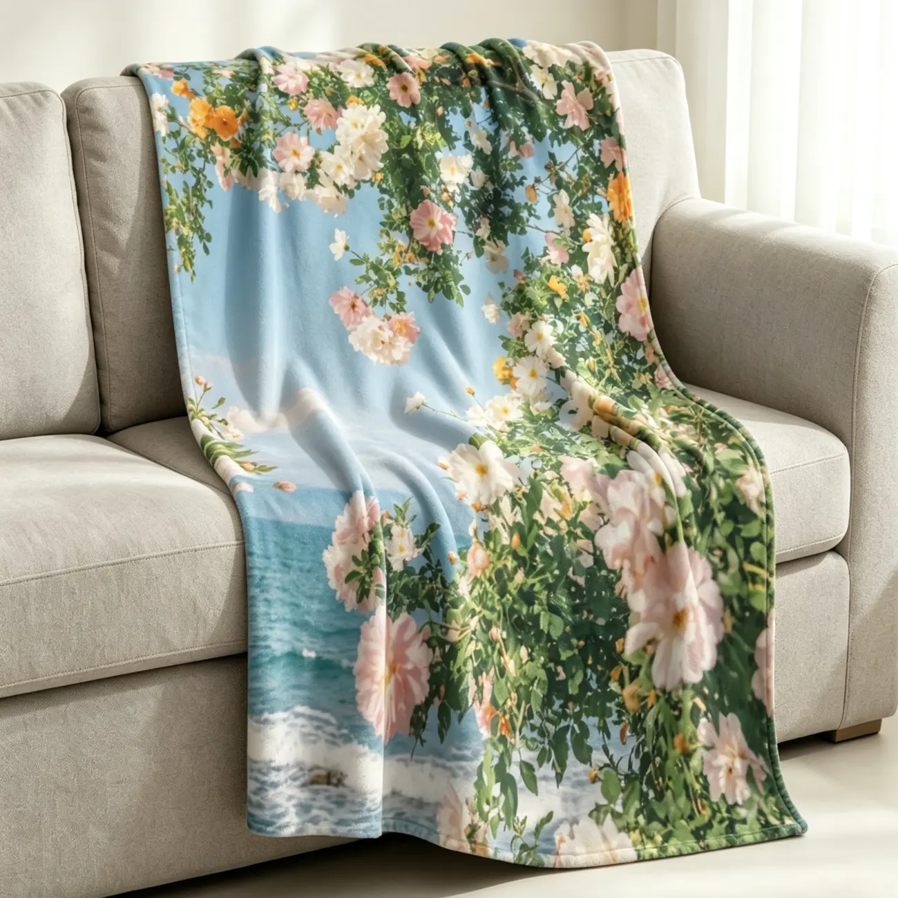 Flannel Blanket,Garden Blooming Toward the Sea,30×40 Inch (230g, Portrait) Single-sided Print