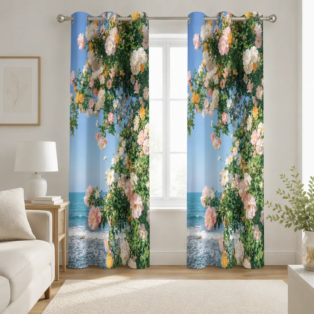 Polyester Curtain Full-Width Print,Garden Blooming Toward the Sea,53x96 Inch