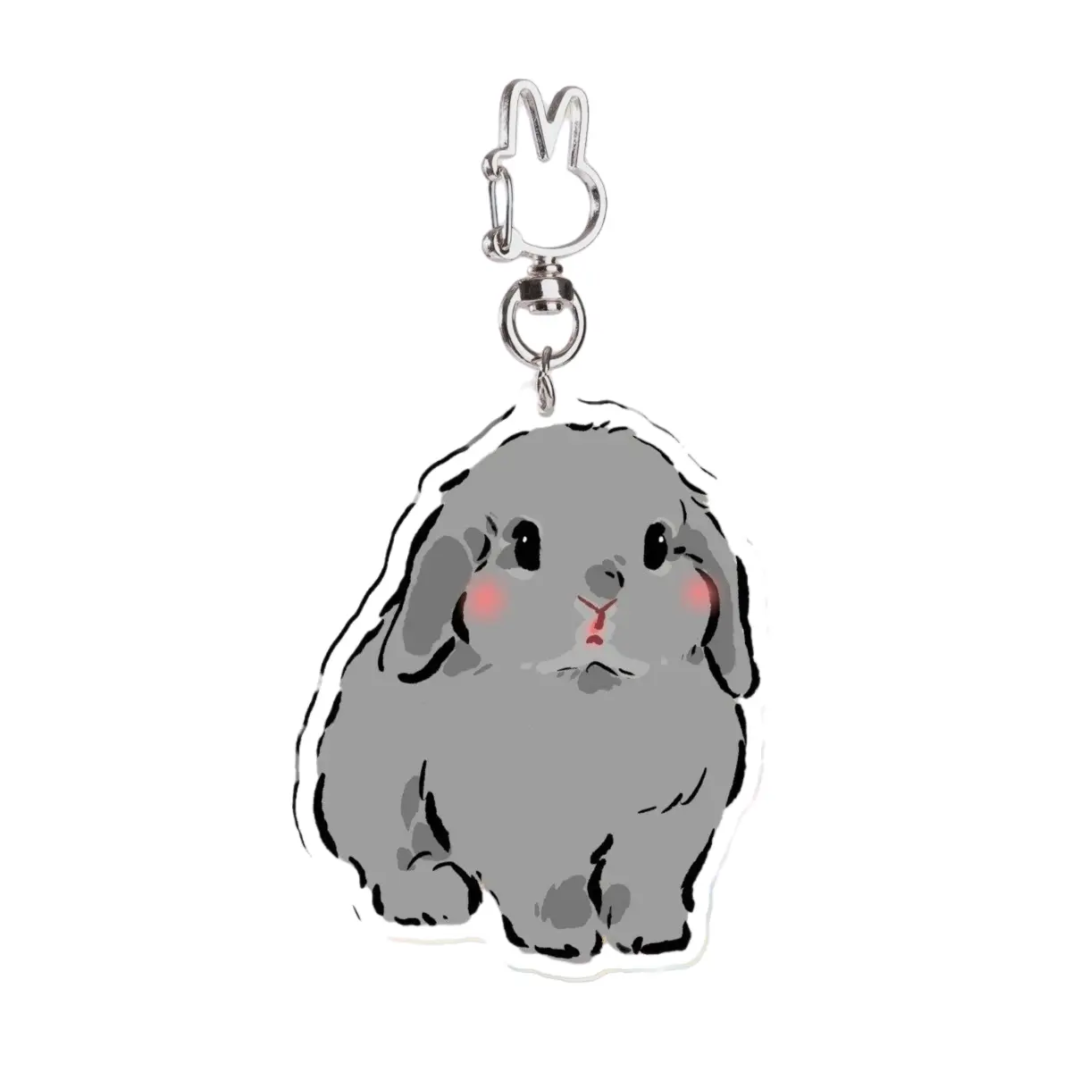 Porte-clés mignon lapin gris assis, Lapin 3, Breloque oreilles de lapin en acrylique transparent, Taille 2,76 pouces / 7 cm