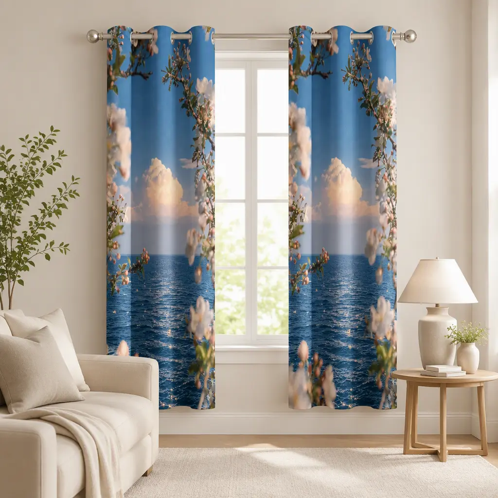 Polyester Curtain Full-Width Print,Sea Beyond Spring Light,53x96 Inch