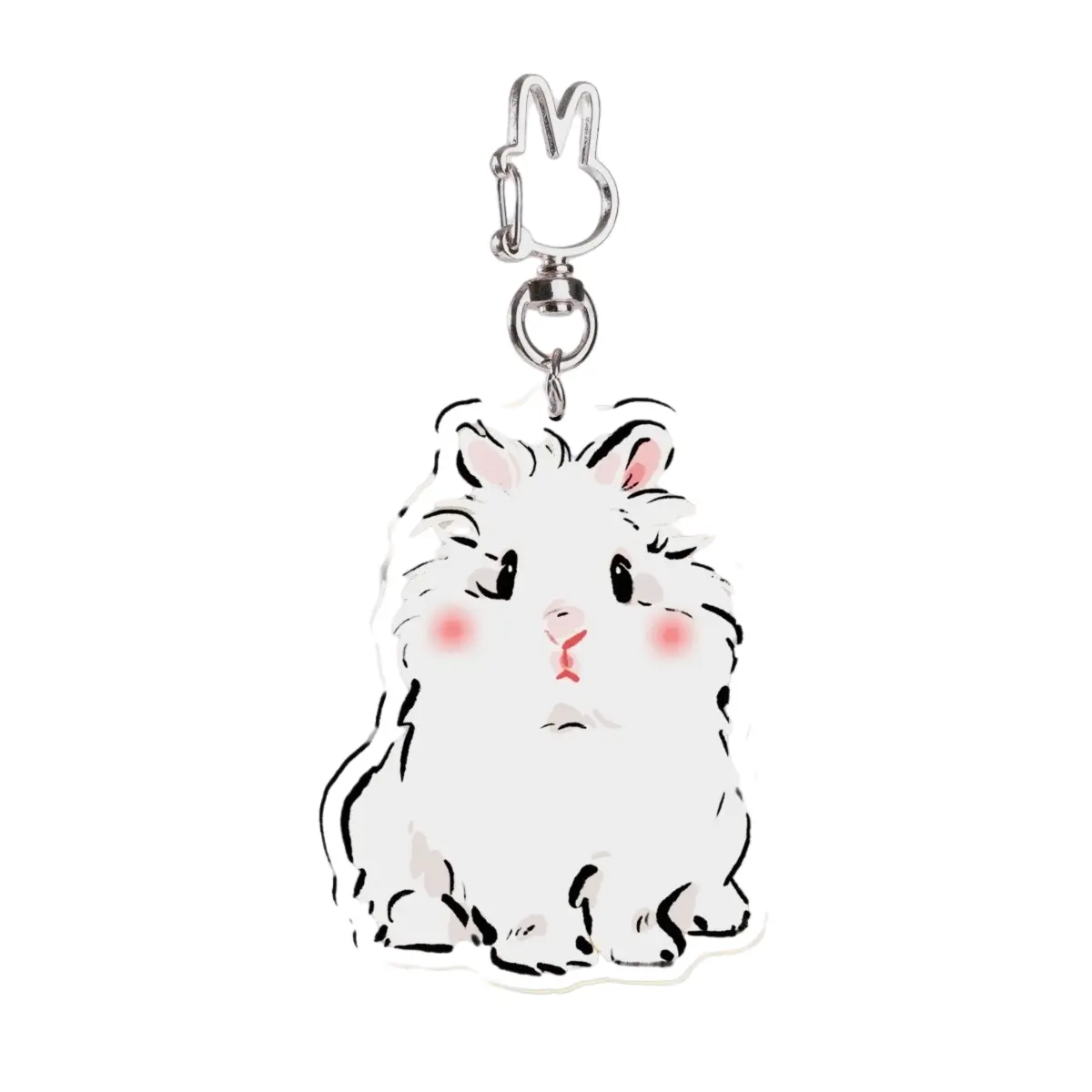 Cute Sitting White Rabbit Keychain, Rabbit 1, Clear Acrylic Bunny Ear Charm, 2.76 Inch/ 7 cm