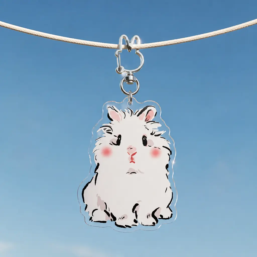 Porte-clés lapin blanc assis mignon, Lapin 1, Breloque oreilles de lapin en acrylique transparent, 2,76 pouces/ 7 cm