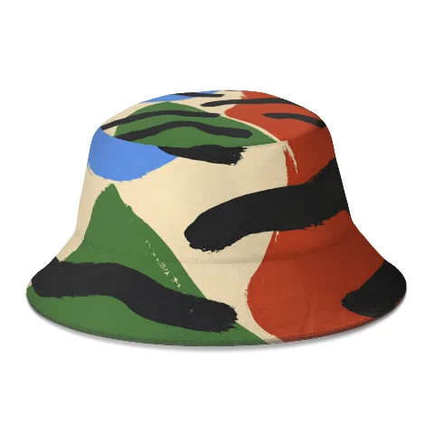 Streetwear abstract colorful bucket hat, polyester material, suitable for outdoor leisure, breathable and comfortable, 58cm size, white style, stylish and versatile.