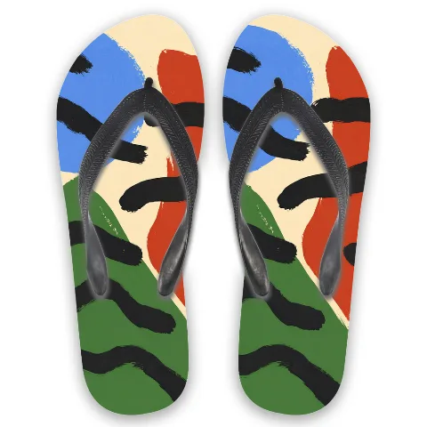 Modern Art abstract print flip-flops, rubber non-slip thong sandals, summer beach vacation outdoor casual slippers, unisex wear-resistant flat shoes, elastic premium rubber material, high-grip non-slip sole, lightweight structural design to reduce walking pressure, minimalist black straps with colorful abstract patterns, suitable for daily home use or poolside, full size range available from 38-43, showcasing unique personal fashion taste.