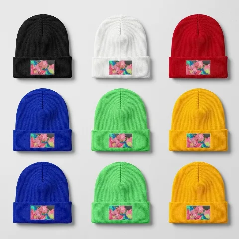 89g polyester knitted hat, single-sided print design, stylish and warm, multiple colors available, one size fits all, suitable for winter outdoor activities, lightweight and soft, a must-have for daily casual wear.