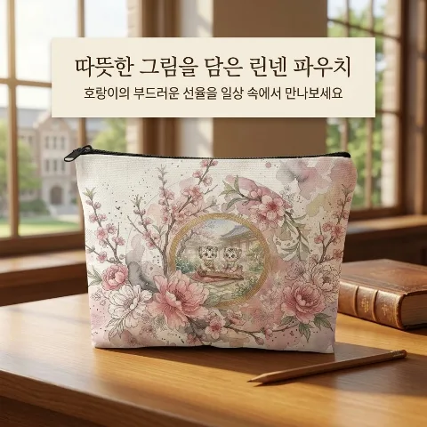 Yes-Store Linen Cosmetic Pouch, Tiger & Cherry Blossom Illustration Zippered Makeup Case, Travel Toiletry and Cosmetic Storage Zipper Bag, Portable Multi-purpose Accessory Pouch, Smooth Sliding Zipper Closure, Lightweight and Durable Linen Fabric, Easy Hand Wash Maintenance, Suitable for Storing Lipsticks, Power Banks, and Sunglasses, Essential Daily and Travel Accessory Bag, Women's Gift Item, White, One Size, Single Piece