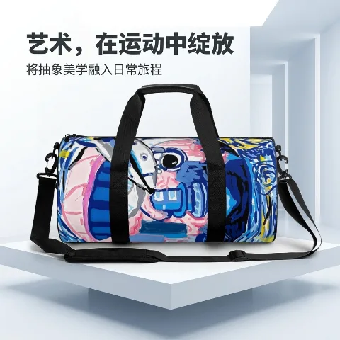 450g Oxford cloth handbag, all-over print sports shoulder bag, multifunctional travel gym bag, comfortable handle and crossbody strap, luggage strap design on the back, lightweight and large capacity, suitable for swimming and yoga.