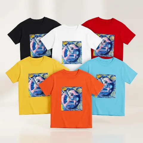 110g Cotton Children's T-shirt, Single-sided Print, Short-sleeved Kids' Wear, Black, Multiple Sizes, Breathable and Comfortable, Well-stitched, Wash-resistant.