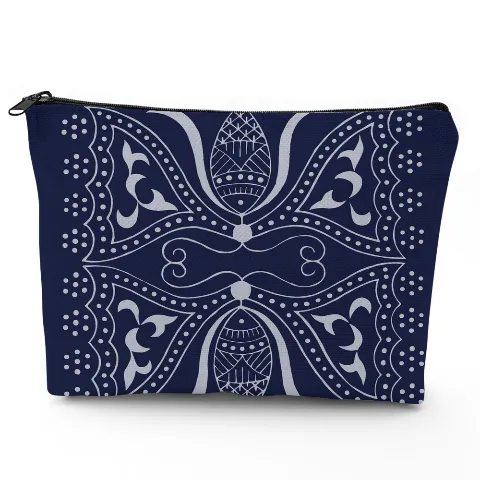 Patterned Makeup Bag with Zipper, 9inch by 7inch Size, Lightweight Linen, Durable Travel Pouch, Stylish White Print, Perfect for Cosmetics and Accessories