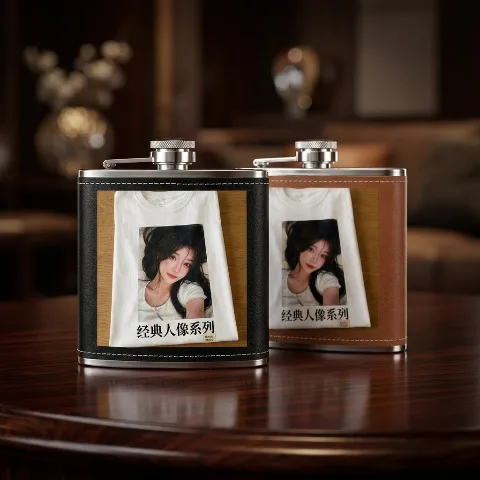 YISU Stainless Steel Hip Flask, 6oz portable pocket flask, 304 food-grade stainless steel leak-proof metal flagon, classic vintage portrait print design wrapped in black leather, suitable for whiskey, vodka, rum, baijiu, and spirits, portable drinkware for outdoor travel, camping, fishing, beach, and hiking, slim design for easy concealment in suit or jeans pockets, creative gift choice for groomsmen, weddings, Father's Day, birthdays, and graduations, threaded cap with strong leak-proof seal to prevent waste, 6oz portable size, easy to clean by rinsing with cold water.