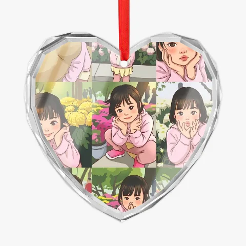 A9Expert Heart-shaped Glass Christmas Ornament, transparent cartoon girl illustration decoration, festive home hanging ornament gift, high-quality high-transparency wear-resistant glass material, eco-friendly ink printing with vibrant fade-resistant colors, exquisite faceted edge cutting process, unique heart-shaped design, dimensions 7.9x7.5x0.6cm, includes red ribbon